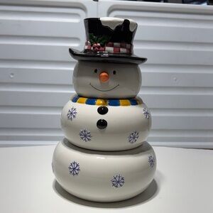 Classic Elements Snowman Cookie Jar with Black and Blue Accents